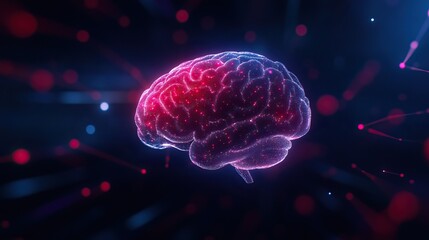 Obraz premium A vibrant digital representation of a brain illuminated with glowing particles, symbolizing intelligence and neural connections.