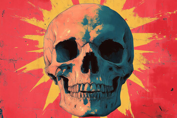 Fragmented skull patterns radiating from a pastel yellow center,