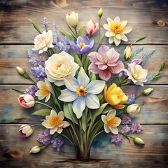 Obraz premium beautiful spring flowers on a wooden background