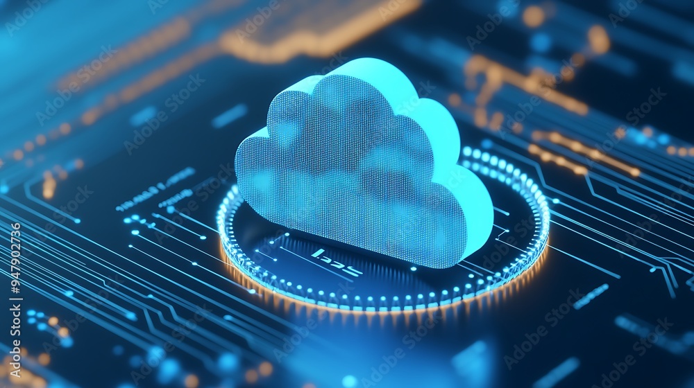 Poster digital cloud computing concept with a futuristic interface, representing data storage, network, and
