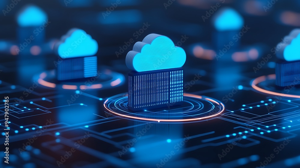 Poster digital cloud computing technology concept with glowing servers and data flow on futuristic circuit 
