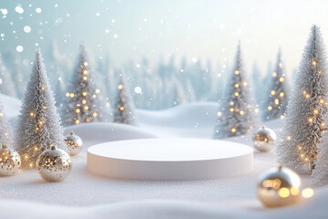 Christmas Cylindrical Table for Promotions. White Round Podium with Blue Turquoise Snowy Trees. Realistic 3D Studio for Product Placement. Luxurious Cylindrical Platform. New Year Sale Round Stone.