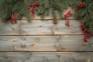  wooden background with red berries and pine cones