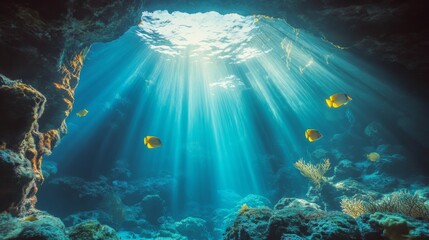 Obraz premium An underwater cave illuminated by rays of sunlight, with fish swimming through the blue water, creating a mysterious and enchanting scene
