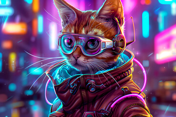 A cat wearing a space suit and goggles is standing in front of a neon sign. The image has a futuristic and playful vibe, with the cat's outfit and the neon sign creating a sense of adventure