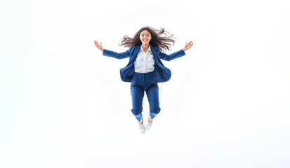An Asian woman in a business blue suit is captured mid-air, jumping with joy and energy against an isolated background. Her expression radiates happiness and enthusiasm