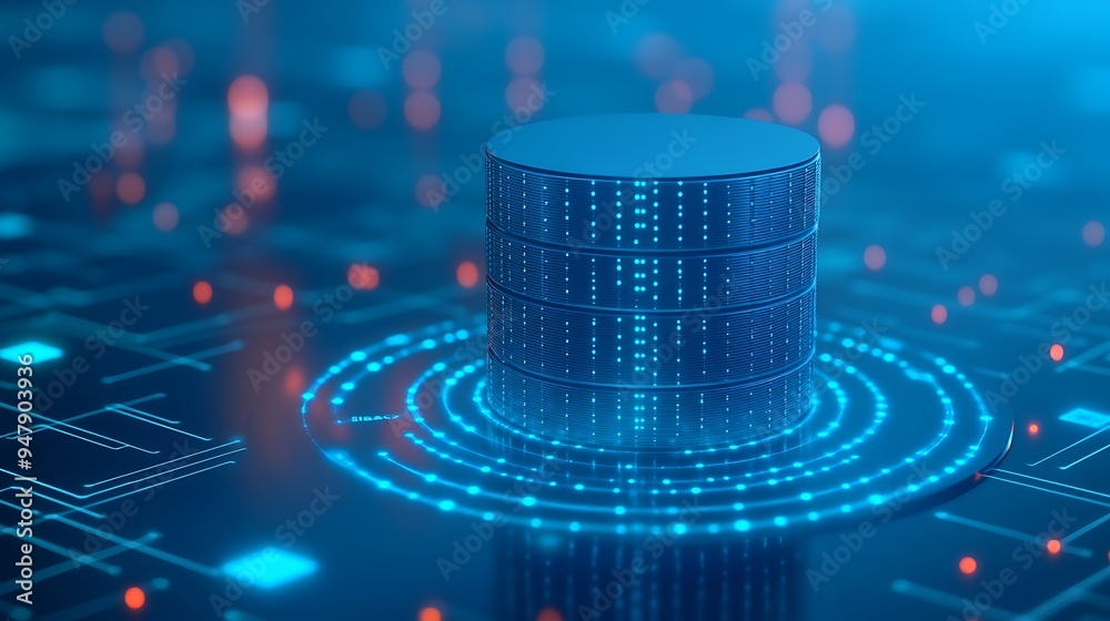 Poster digital database concept with glowing data servers and network technology for cloud computing, data 
