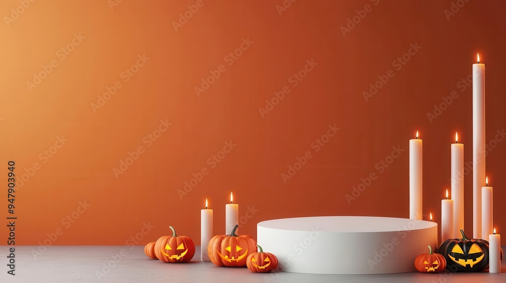 Wall mural Halloween scene featuring pumpkins and candles on a minimalistic display with an orange background.