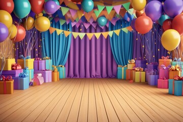 A stage with balloons, gifts, and garlands on the sides, an empty floor in front.