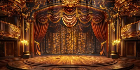 a traditional theater stage with ornate decorations and a rich, golden backdrop.