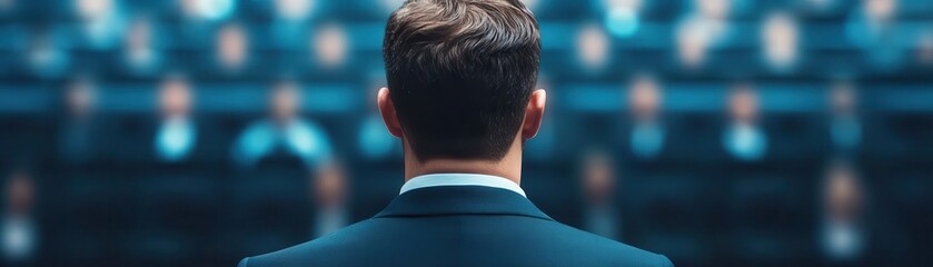 Business leader using high-quality visuals to engage audience, dynamic presentation, corporate event