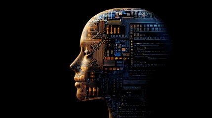 Obraz premium Exploring the Intricate Fusion of Human Silhouette and Complex Circuitry in a Digital Representation of Artificial Intelligence and Technology