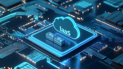 Digital illustration of cloud computing IaaS infrastructure on circuit board, showcasing modern technology and innovation.