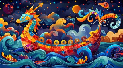 Obraz premium A vibrant, whimsical dragon boat sailing through swirling waves under a starry night sky.