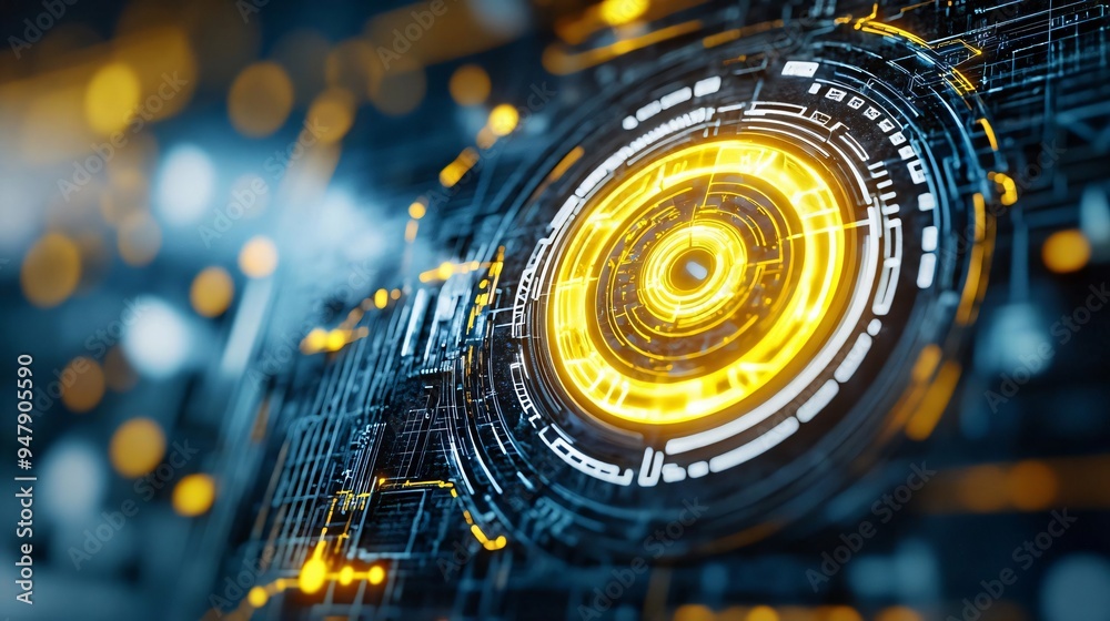Poster futuristic interface with glowing circular elements and abstract technology patterns, perfect for sc