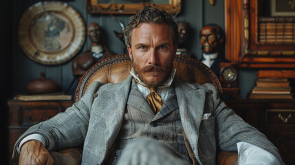 Confident man in vintage suit sitting in classic living room