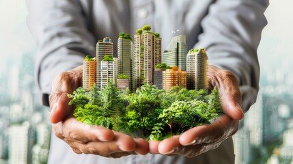 Urban Oasis Embracing Nature in the Concrete Jungle Cityscape and Garden Merge in Surreal Image of Hands Holding Urban Greenery