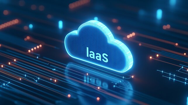 Digital illustration of IaaS (Infrastructure as a Service) cloud technology concept with glowing blue lights and electrical circuits.