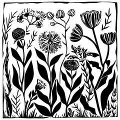 Wild flowers linocut vector illustration with grunge texture. Monochrome linear woodcut illustration.