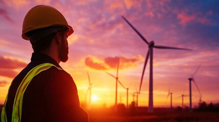 A worker in safety gear observing sunset behind wind turbines, symbolizing renewable energy and environmental awareness.