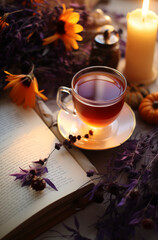 Cup of tea and leaves and book