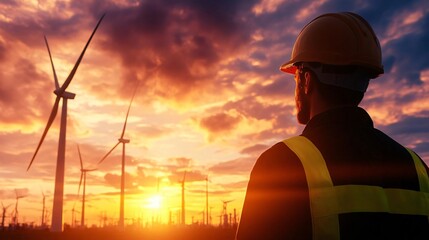 A worker observes a sunset over wind turbines, symbolizing renewable energy and environmental awareness.