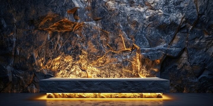 a polished stone podium illuminated by soft lighting in front of a dark stone wall.