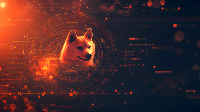 concept of dogecoin cryptocurrency technology, digital graphic of dogecoin with futuristic element, virtual finance
