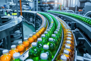 Fototapeta premium Bottling plant conveyor belt is moving orange and green beverages to the packaging area