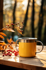 Cup of tea with autumn leaves