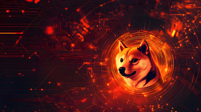 concept of dogecoin cryptocurrency technology, digital graphic of dogecoin with futuristic element, virtual finance