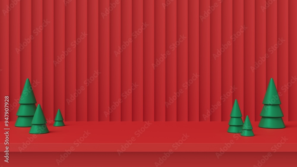 Poster 3d christmas concept red ripple background with red table empty space. green minimal christmas tree 