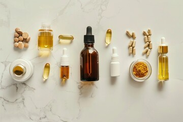 Assorted natural health supplements and oils arranged on a marble background