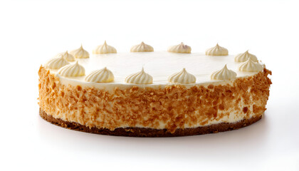 Delicious cream cake with a crunchy crust and decorative swirls on top, displayed on a clean white background