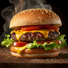 A sizzling hamburger stacked high with fire blazing in the background.