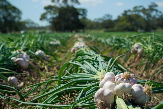 Rows of freshly harvested garlic are drying in the sun on a farm, ready for sale at the market