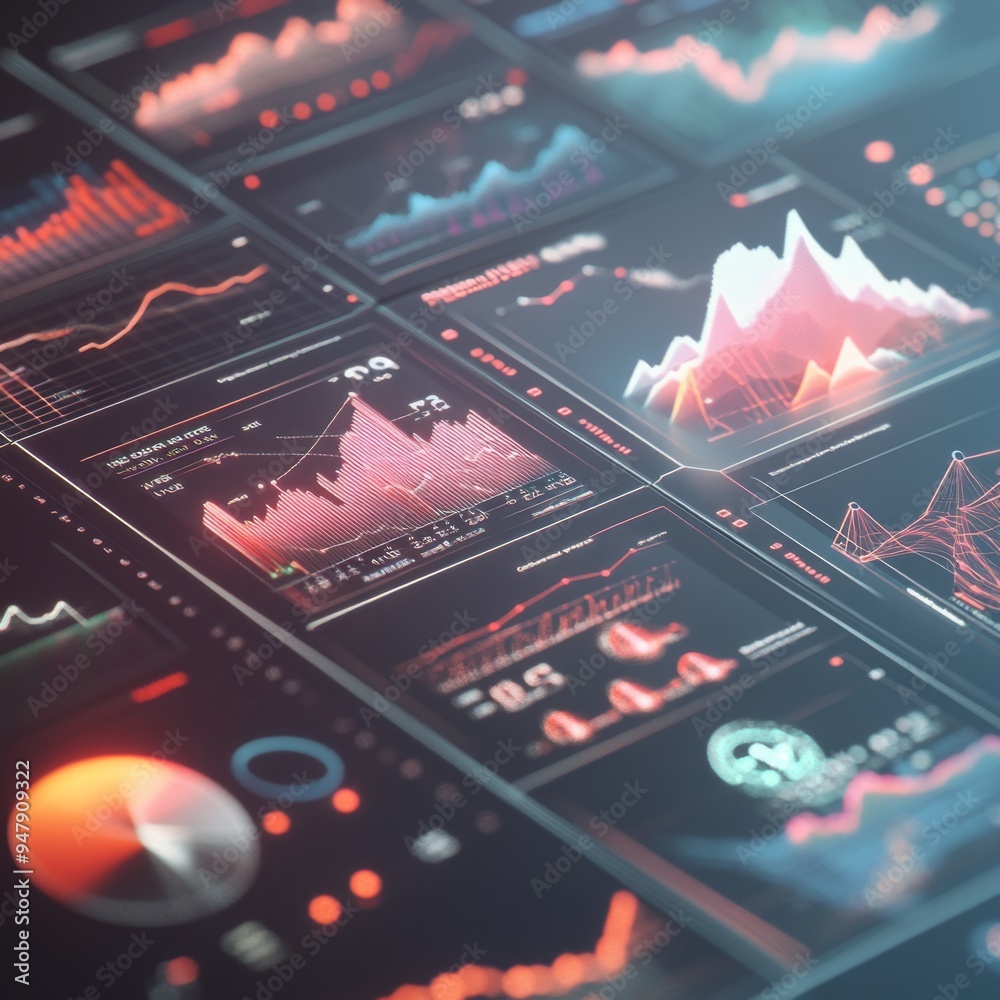 Poster These prompts focus on different types of 3D financial graphs and charts, using an aspect ratio