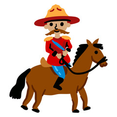 Cartoon Canadian Mounted Police officer. Rider on horseback in red uniform. Bright color vector illustration isolated on a white background