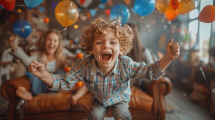 Joyful child celebrating with family in a colorful birthday party