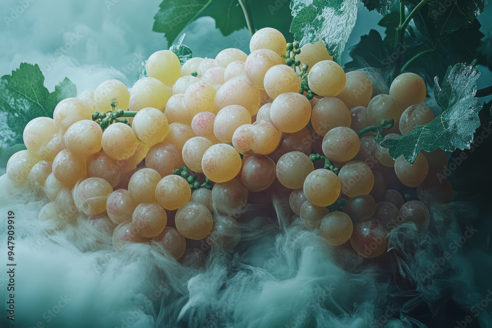 Poster dissolving clusters of grapes blending into a pastel green mist,