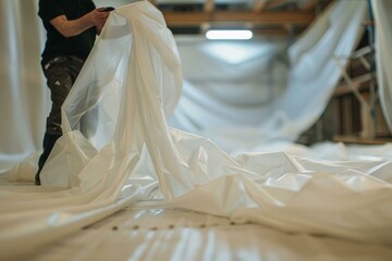 Construction worker installing plastic dust sheets for protection, covering floor in room, during renovation work