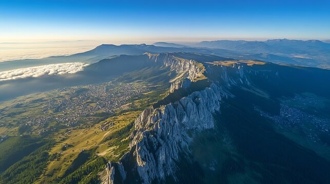 An aerial view over the Bucegi Mountains in Romania, offering a spectacular perspective from 2,384 meters above the rugged terrain.