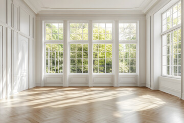 Fototapeta premium Empty High Ceiling Room with White Big Windows, Wooden Floor and White Walls interior design mock up