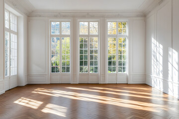Obraz premium Empty High Ceiling Room with White Big Windows, Wooden Floor and White Walls interior design mock up