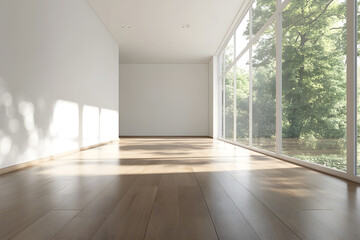 Fototapeta premium Empty High Ceiling Room with White Big Windows, Wooden Floor and White Walls interior design mock up