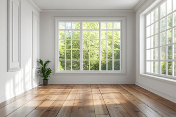 Fototapeta premium Empty High Ceiling Room with White Big Windows, Wooden Floor and White Walls interior design mock up