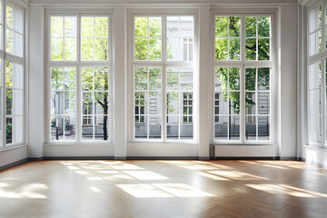 Fototapeta premium Empty High Ceiling Room with White Big Windows, Wooden Floor and White Walls interior design mock up