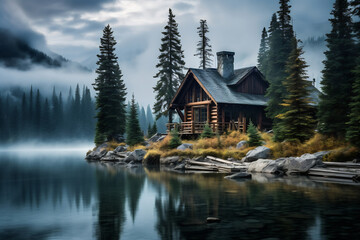 Fototapeta premium Cabin on lake shore surrounded by trees