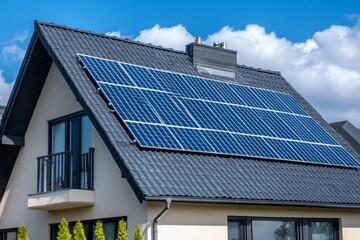 Modern House with Solar Panels on the Roof. Clean Energy for Home, Sustainable Living Concept.