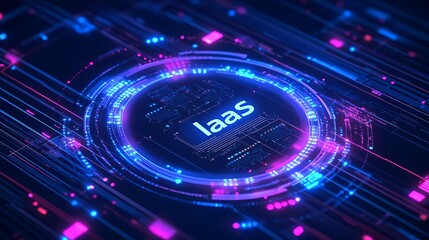 Fototapeta premium Futuristic cloud technology concept with IaaS text in digital neon style. Infrastructure as a Service on circuit board background.